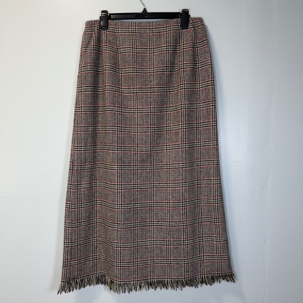 Harve Benard Sport Vintage 100% Wool Plaid Fringe Hem Maxi Skirt Brown Red 14‎